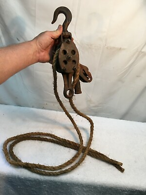 #ad Vintage Antique Nautical Metal Sailing Double Pulley Blocks w 8ft Rope Locking $49.50