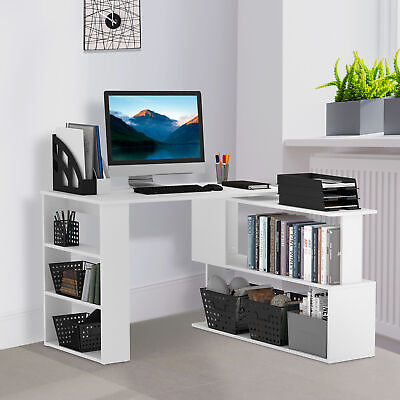 #ad 360° Rotating Home Office Corner Desk and Storage Shelf Combo L Shaped Table $105.99