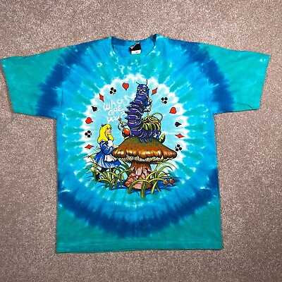 #ad Vintage 2003 Alice in Wonderland Tye Dye Liquid Blue T Shirt sz Large $38.96