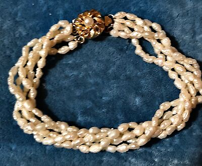#ad Fresh Water Pearl Strand Multi Strand Bracelet Gold Twisted Torsade Bangle $75.00