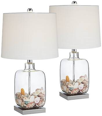 #ad Coastal Table Lamp Set of 2 Clear Glass Shells Nickel for Living Room Bedroom $139.90