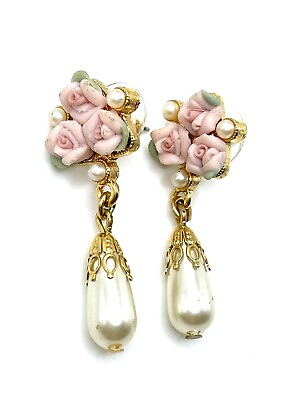 #ad Vintage Gold Porcelain Pink Rosette Faux Pearl Teardrop Romantic Dangle Earrings $33.00