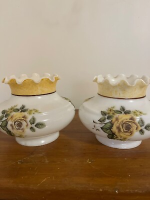 #ad Pair Of Milk Glass Vintage Lamp Shades Ruffled Tops Hand Painted Floral $50.00