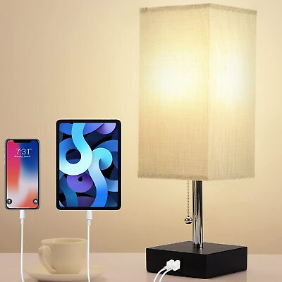 #ad Bedside Table Lamp Bedroom Lamp with 2 USB Ports Solid Wood Nightstand Lamps ... $28.40