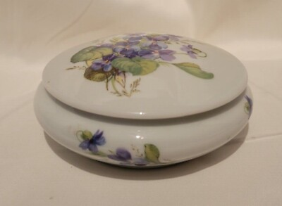 #ad Porcelain lidded Limoges white trinket dish with purple violet flowers $15.00