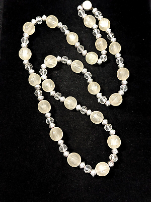 #ad Vintage Frosted Lucite Round Ribbed Bead Silver Tone Long Necklace 30 in $9.09