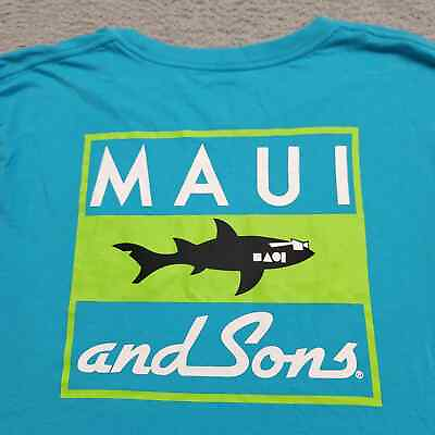 #ad Maui and Sons Shirt Mens Large Blue Graphic Tee Shark Spellout Beach Summer $17.97