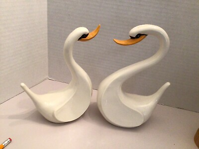 #ad Vintage Swan Pair Figurines by Ayners 9” amp; 8” Tall 1986 $22.49