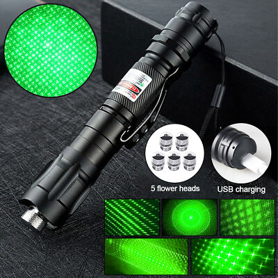 #ad 5 mW Green Laser Pointer Pen Visible Beam Light Clip Flashlight With 5 Star Caps $11.59