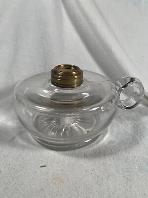 #ad ANTIQUE Clear GLASS Applied Finger OIL LAMP with #1 brass collar c1870s $12.00