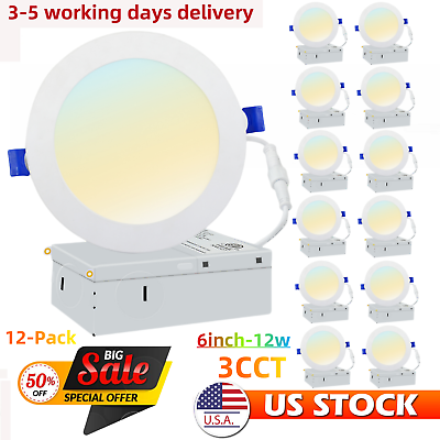 #ad 12 Pack 6 Inch 3CCT Ultra Thin LED Recessed Ceiling Light with Junction Box 12W $69.99