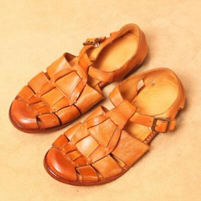 #ad Men Casual Roman Leather Sandals Vintage Hollow Out Weave Hallow Out Buckle Flat $195.50