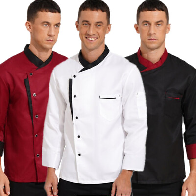 #ad US Mens Chef Jacket Long Sleeve Coat Restaurant Kitchen Cooking Tops Uniform $17.09