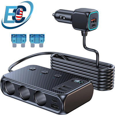 #ad 9in1 Car Cigarette Lighter Socket Splitter USB C Fast Charger 3Way Power Adapter $18.99