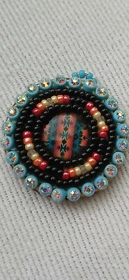 #ad Vintage Hand Made Native American Beaded Medallion Pendant Leather Back $32.00