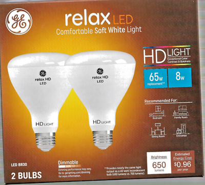 #ad GE BR30 R30 Relax LED Soft White Light Bulb 2 Bulbs 65w Replacemen Uses 8 Watts. $19.99