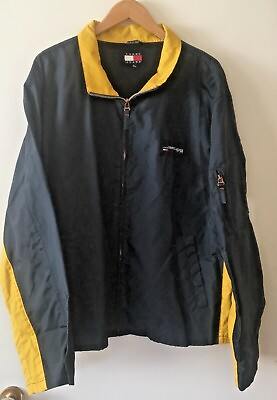 #ad Tommy Hilfiger Spell Out Nylon Zipper Jacket Navy Yellow XL Vintage $14.99
