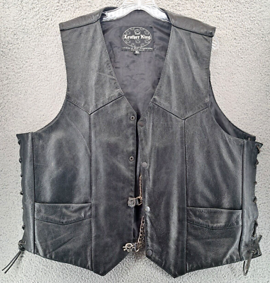 #ad VINTAGE Leather King Leather Biker Vest Mens 50 Black Extender POW Conseal Carry $39.98