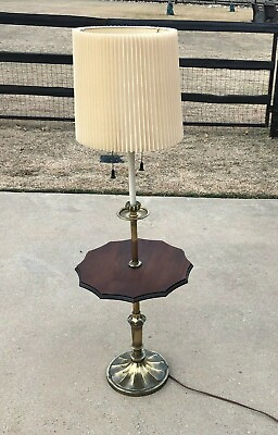 #ad Vintage Mid Century Brass Stiffel Floor Lamp w Wood Center Table amp; ORIG SHADE $449.99