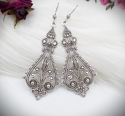 #ad Big Silver Plated Filigree Large Victorian Style Earrings Statement Earrings $16.74