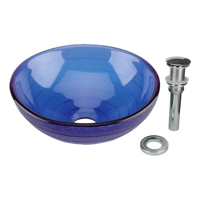 #ad Mini Vessel Sink with Drain Frosted Blue Tempered Glass Circle Design Bowl Sink $125.39
