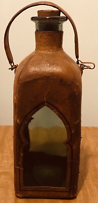 #ad Vintage Green Glass Water Bottle Jug With Leather Case $115.00