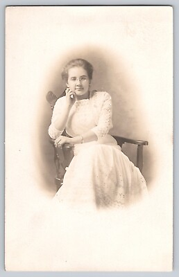 #ad Postcard RPPC Photo Early 1900s Woman Lady Wearing Glasses White Dress Fashion $4.95