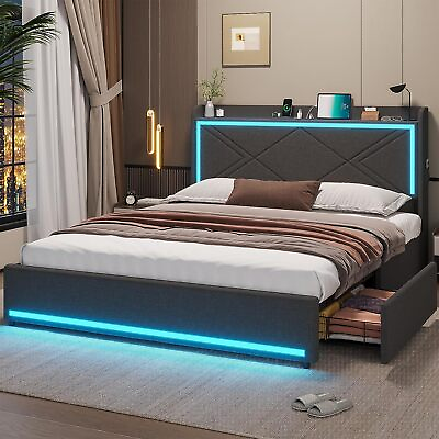 #ad Full Queen Size Bed Frame with LED Headboard Modern Upholstered Platform Bed $279.89