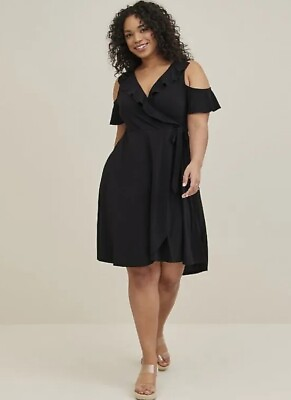 #ad Torrid NWT Mini Studio Knit Cold Shoulder Wrap Dress Black Size 6X Ruffle Pocket $26.00