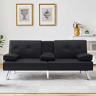 #ad Modern Folding Faux Leather Futon Sofa Bed Couch w Cupholders and Pillows Black $205.97
