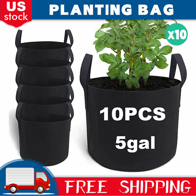 #ad 10 Pack 5 Gallon Plant Grow Bags Fabric Pot Nursery Soil Nonwoven w Handle $15.99