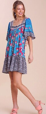 #ad New UMGEE S M Mixed Floral Print Square Neck Ruffle Sleeve Button Front Dress $26.95