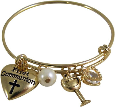 #ad Gold Toned Adjustable First Communion Bracelet with Chalice and Heart Charms $8.95