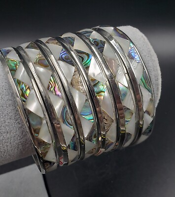 #ad **6 Vtg Inlaid Mother Of Pearl amp; Abalone Silvertone Bangle Bracelets Gorgeous** $48.00