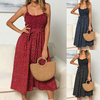#ad Midi Dress Sundress Polka Ladies Sleeveless Holiday Summer Beach Dot Women $21.78