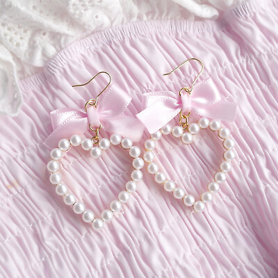 #ad Pastel baby pink satin Bow pearl heart Earrings Dangle Clip On Romantic GBP 14.80