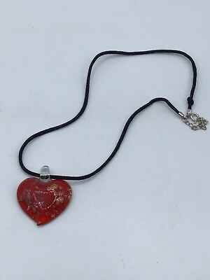 #ad Vintage Handblown Red Heart Gold Glass Pendant Necklace 10” $15.00