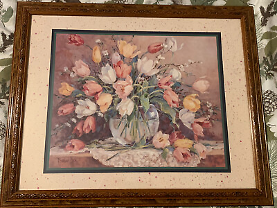 #ad Vintage Home Interiors Barbra Mock Floral Picture 15”x12” Wooden Frame $60.00