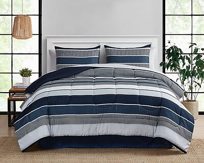 #ad Mainstays Blue Stripe 8 Piece Bed in a Bag Comforter Set With Sheets Queen $33.21