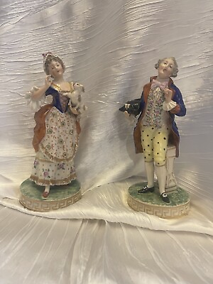 #ad Antique 19th Century Pair Of Dresden Multi Color Porcelain Colonial Figurines $300.00