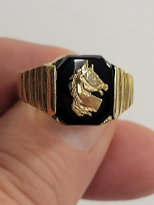 #ad 14k Yellow Gold amp; Black Onyx Stallion Horse Head Ring 5.9g sz 13.25 tested $239.95