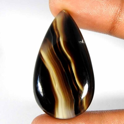 #ad 50.10Cts100%Natural Black Banded Agate 38x21x7 Pear Cabochon Loose Gemstone $6.47