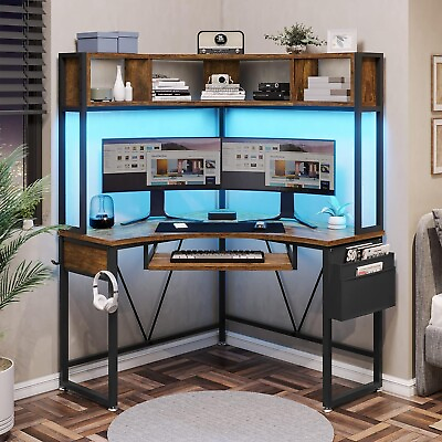 #ad Triangle Corner Computer Desk with Keyboard Tray amp; LED Lights Small Office Desk $145.97