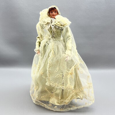 #ad Vintage Antique Composition Victorian Gold Lace Dress Bride Doll With Stand $99.99
