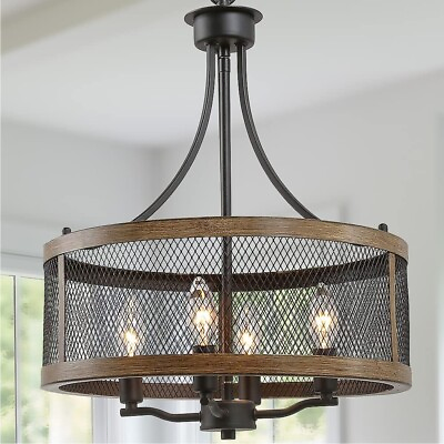 #ad Farmhouse Drum Chandelier Industrial Cage Hanging Ceiling Lighting Round Fixture $115.19