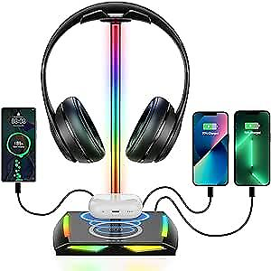#ad RGB Headphone Stand with Wireless Charging and 2 USB C amp; 1 USB Charging Black $42.71