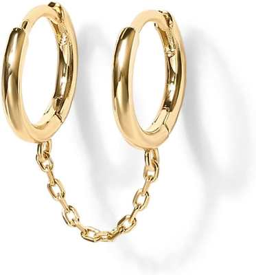 #ad 14K Gold Chain Earrings for Women Double Piercing Dangle Chain Huggie Hoop Ear $38.99