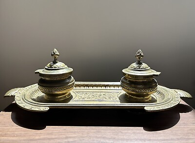 #ad Antique Bronze Desk Double Inkwell Set $120.00