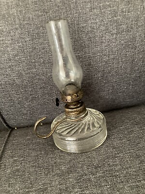 #ad Antique Finger Oil Lamp With Clear Swirl Base 6 1 2 “ Tall With Clear Globe $45.00