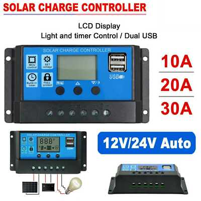 #ad Solar Panel Battery Charge 30A 20A 10A Controller 12V 24V LCD Regulator Dual USB $7.01